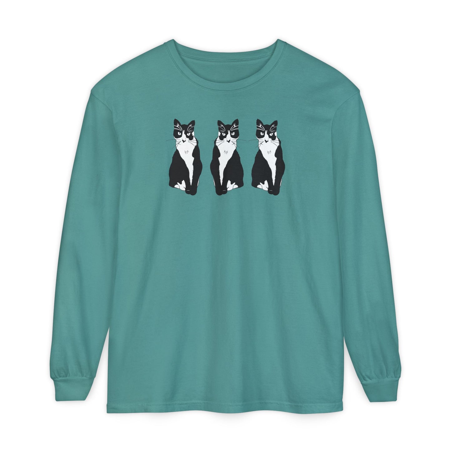 Cat x3 Long Sleeve Tee (B&W Style Cat) - Cat Drawing Shirt