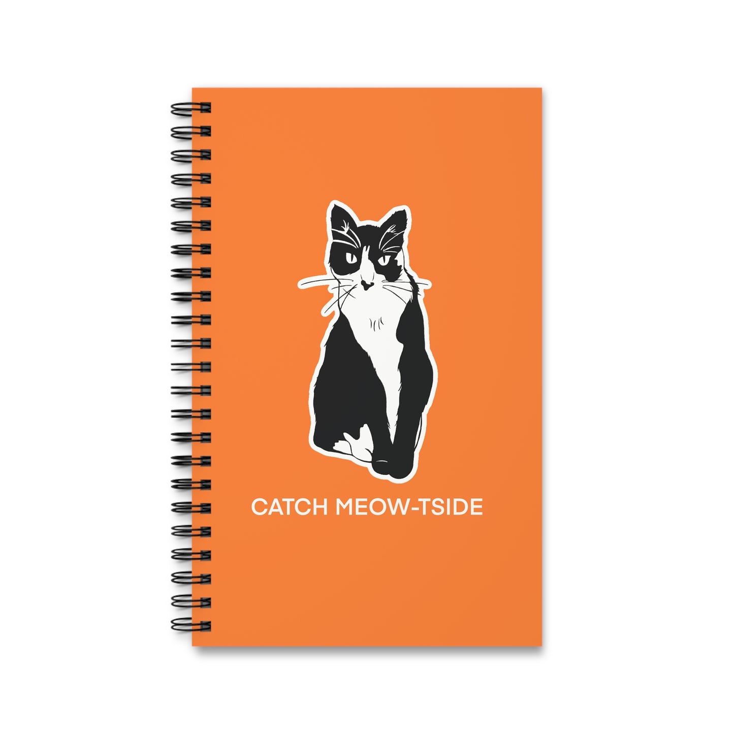 Catch Meow-tside Notebook in Light Orange (Sticker Style Cat with White Writing) - Cat Spiral Notebook