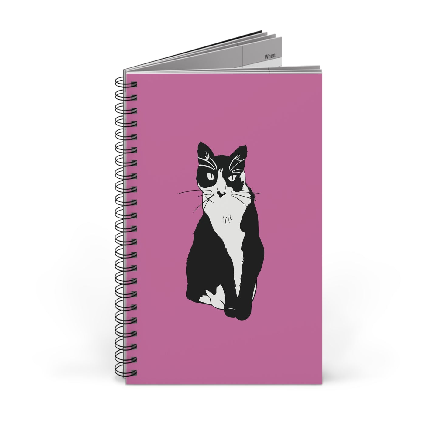 Cat Notebook in Light Pink (B&W Style Cat) - Cat Spiral Notebook