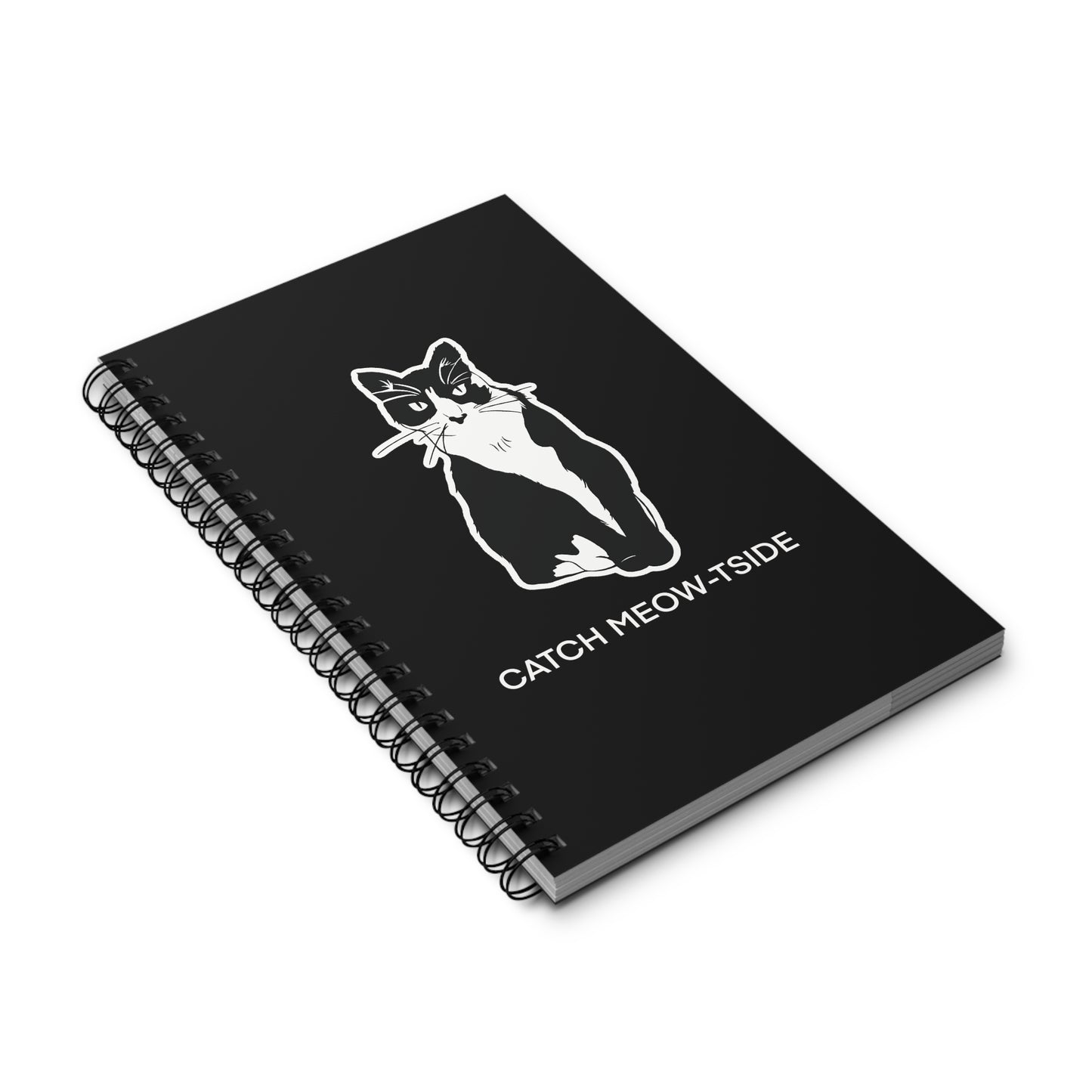 Catch Meow-tside Notebook in Black (Sticker Style Cat with White Writing) - Cat Spiral Notebook