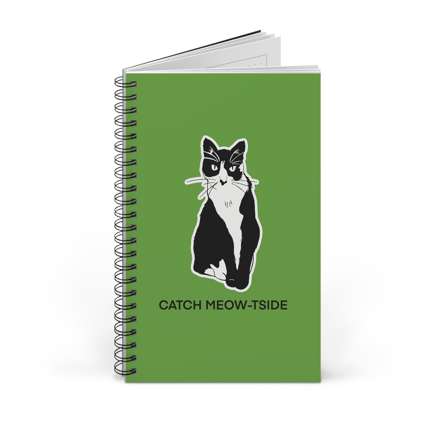 Catch Meow-tside Notebook in Green (Sticker Style Cat with Black Writing) - Cat Spiral Notebook