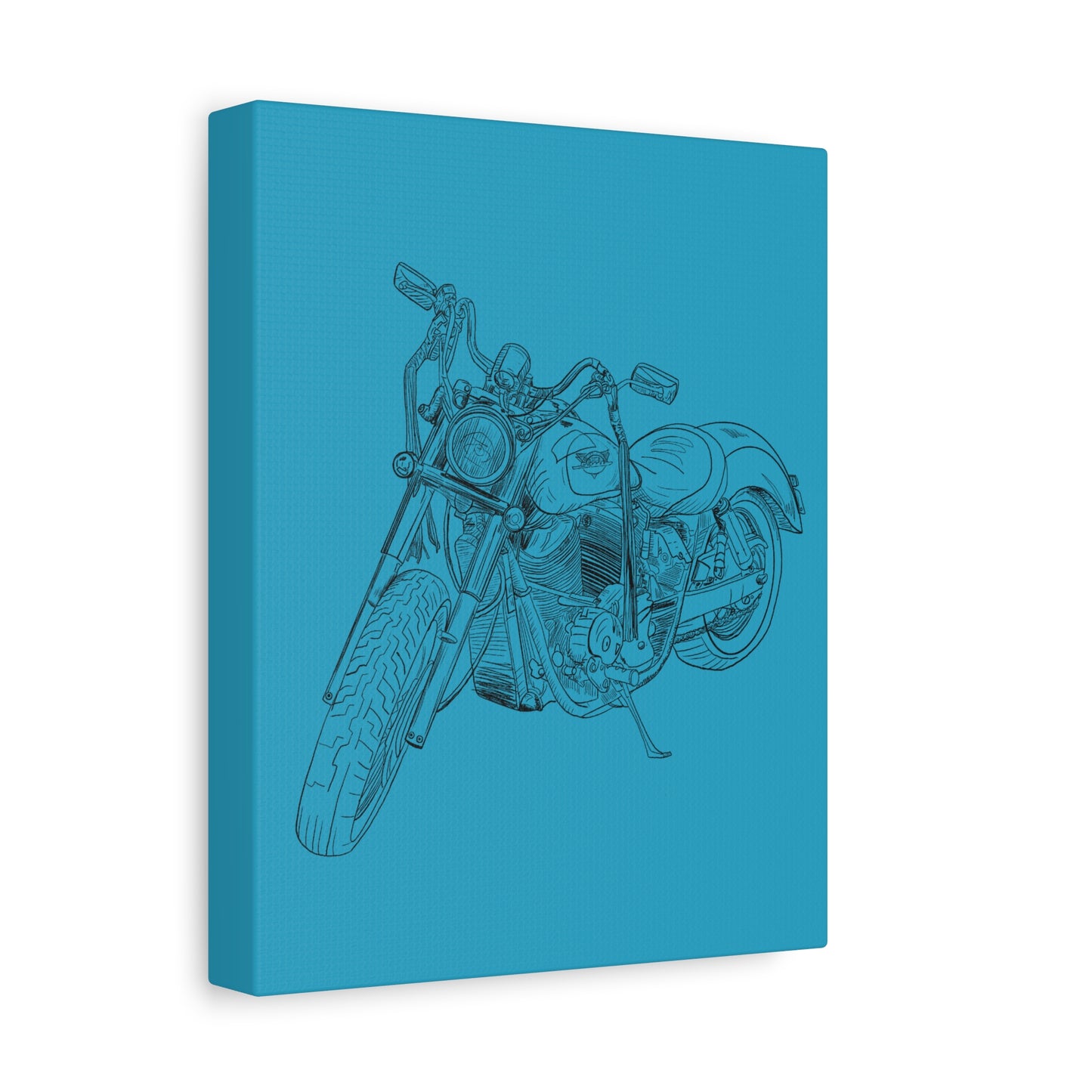 Ride Me Harley Motorcycle Sketch Canvas Print - Black Ink on Turquoise Background