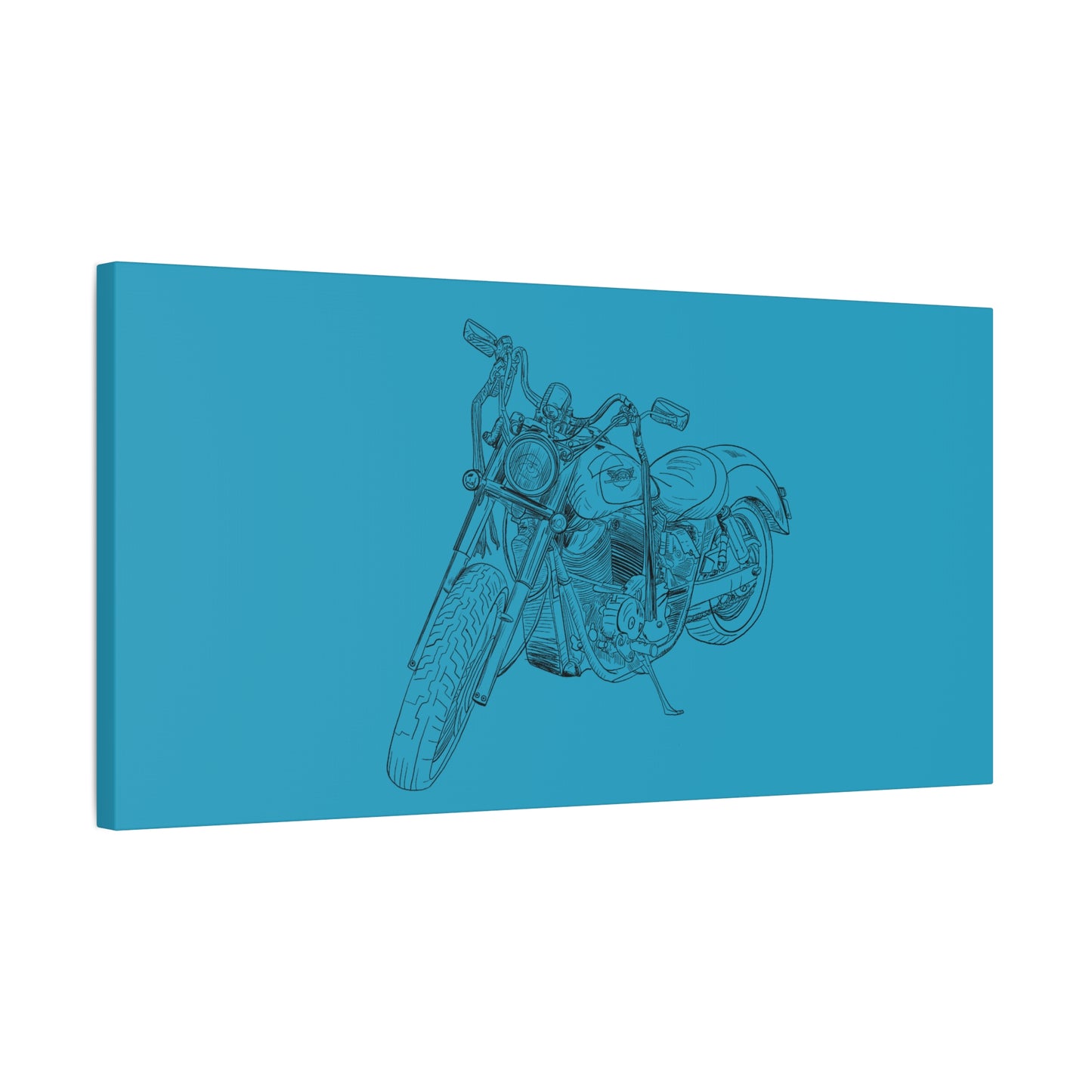 Ride Me Harley Motorcycle Sketch Canvas Print - Black Ink on Turquoise Background