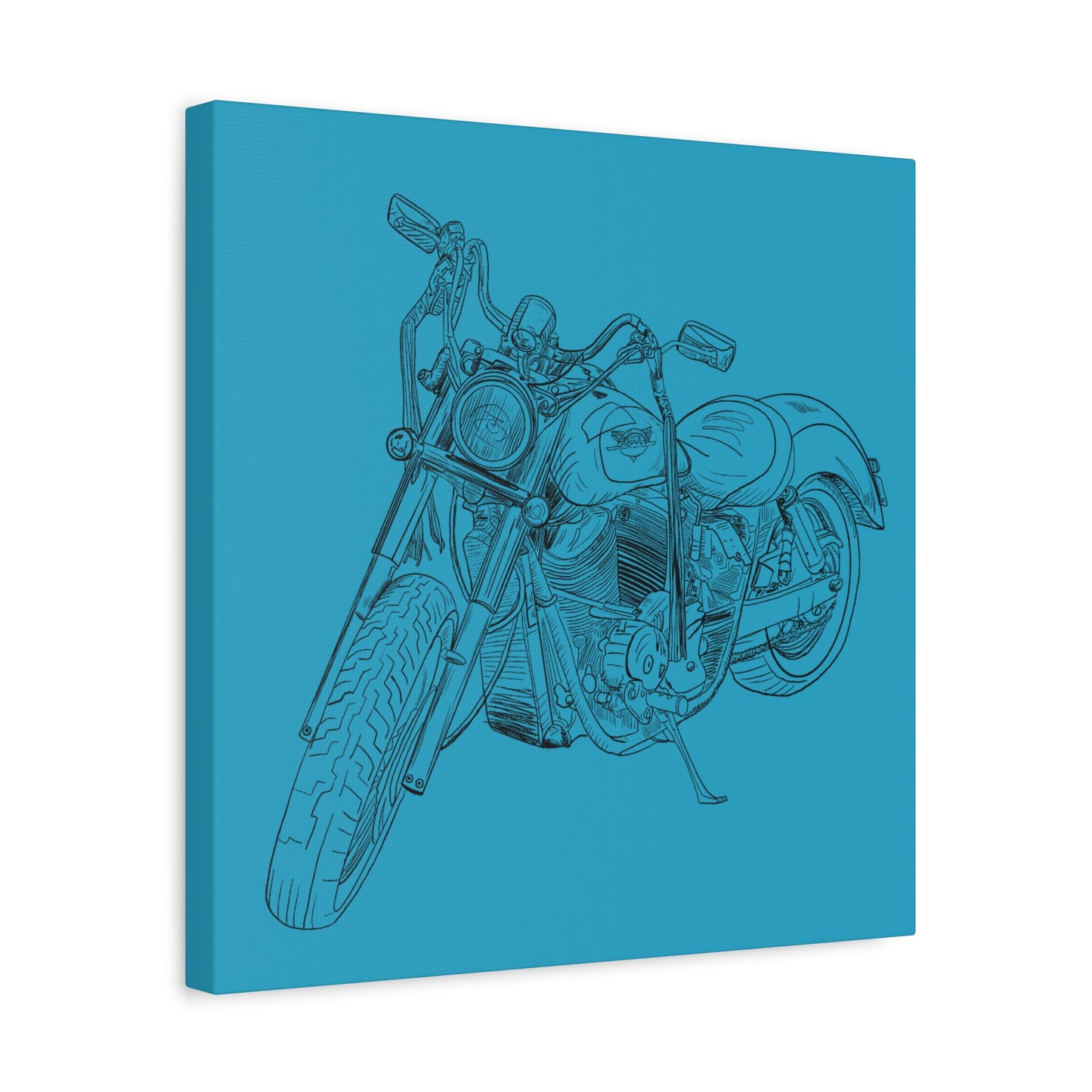 Ride Me Harley Motorcycle Sketch Canvas Print - Black Ink on Turquoise Background
