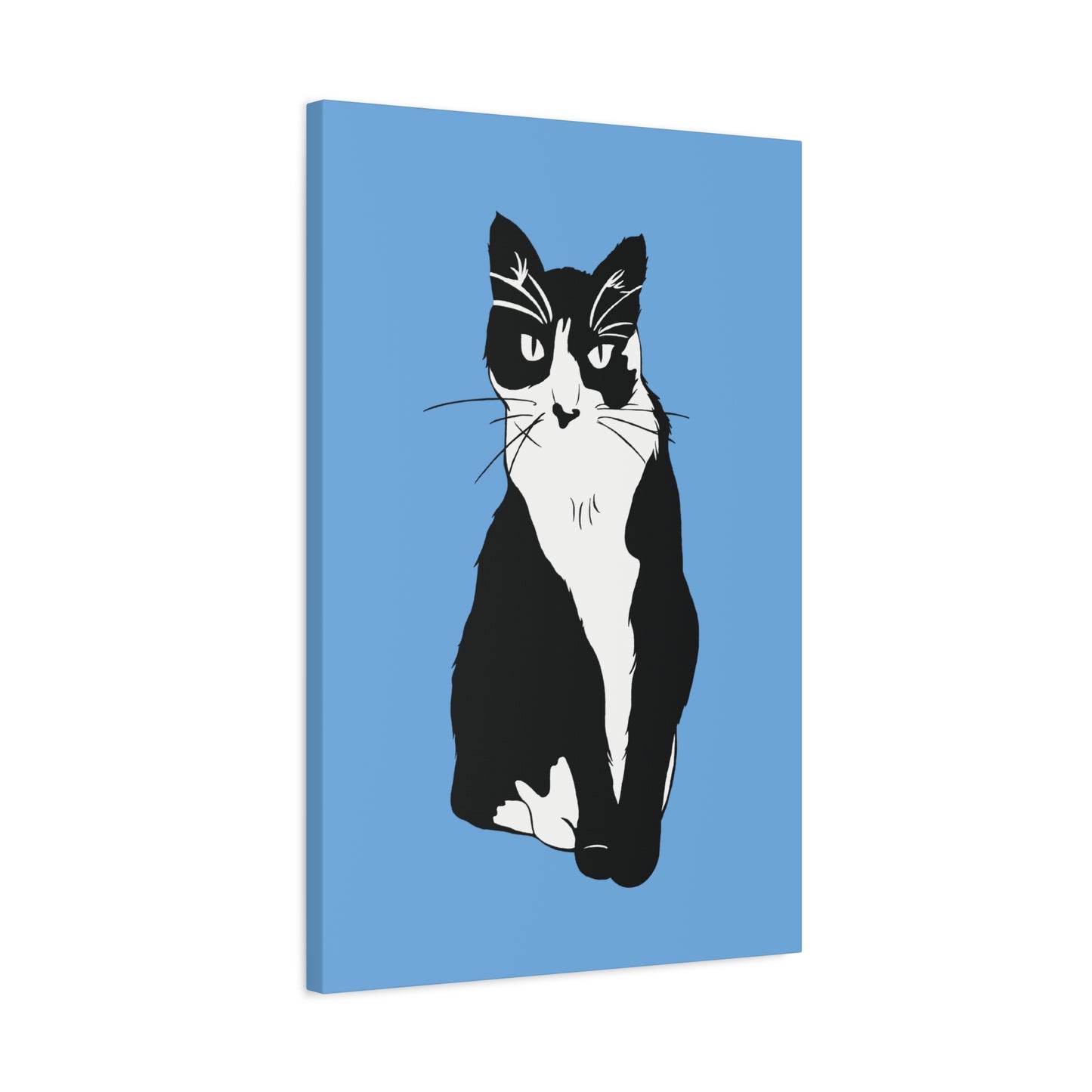 Cat Canvas on Light Blue (B&W Style Cat) - Cat Drawing Art