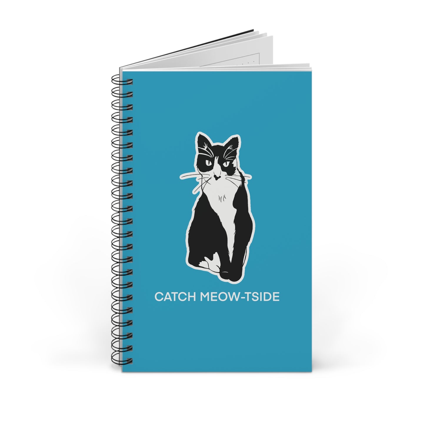 Catch Meow-tside Notebook in Turquoise (Sticker Style Cat with White Writing) - Cat Spiral Notebook