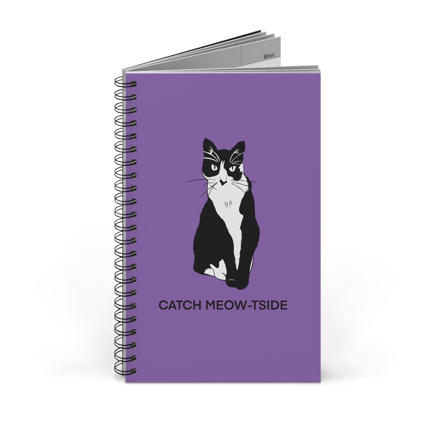 Catch Meow-tside Notebook in Light Purple (B&W Style Cat) - Cat Spiral Notebook