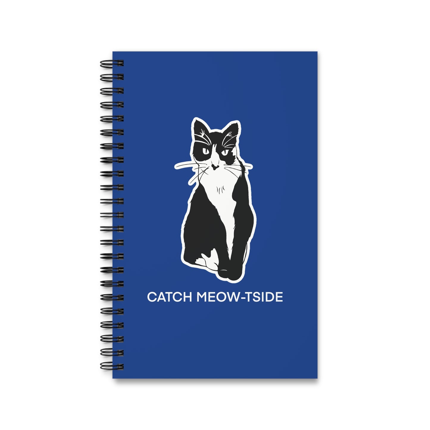 Catch Meow-tside Notebook in Blue (Sticker Style Cat with White Writing) - Cat Spiral Notebook