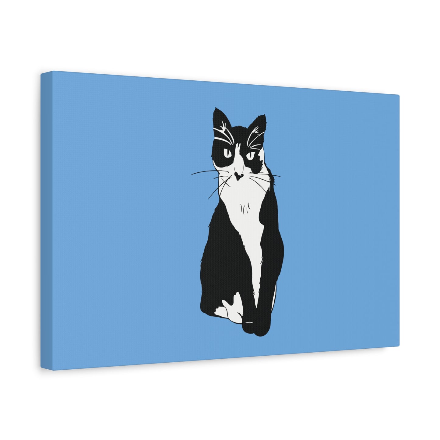 Cat Canvas on Light Blue (B&W Style Cat) - Cat Drawing Art