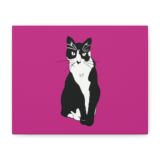 Cat Canvas on Pink (B&W Style Cat) - Cat Drawing Art