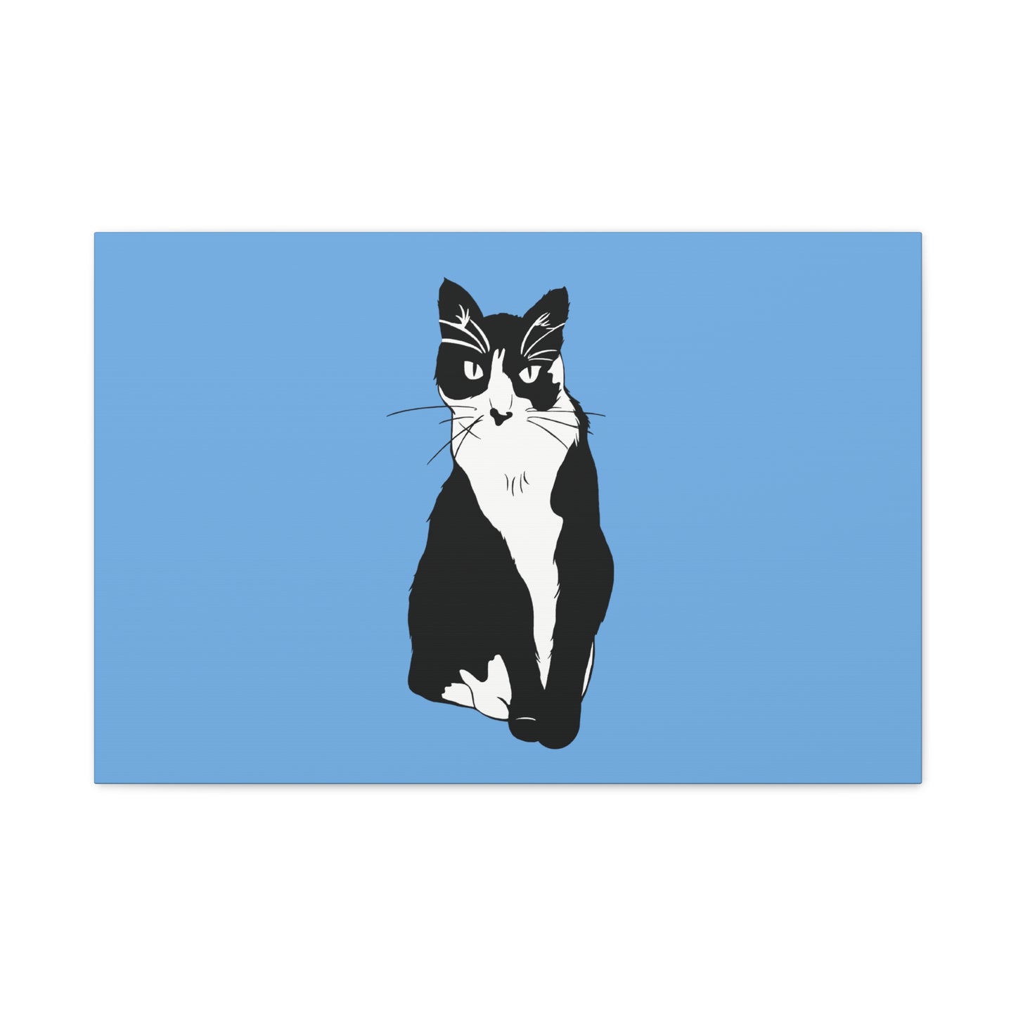 Cat Canvas on Light Blue (B&W Style Cat) - Cat Drawing Art