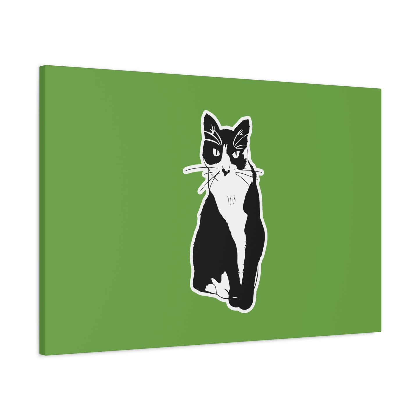Cat Canvas Print on Green (B&W Style Cat) - Cat Drawing Art