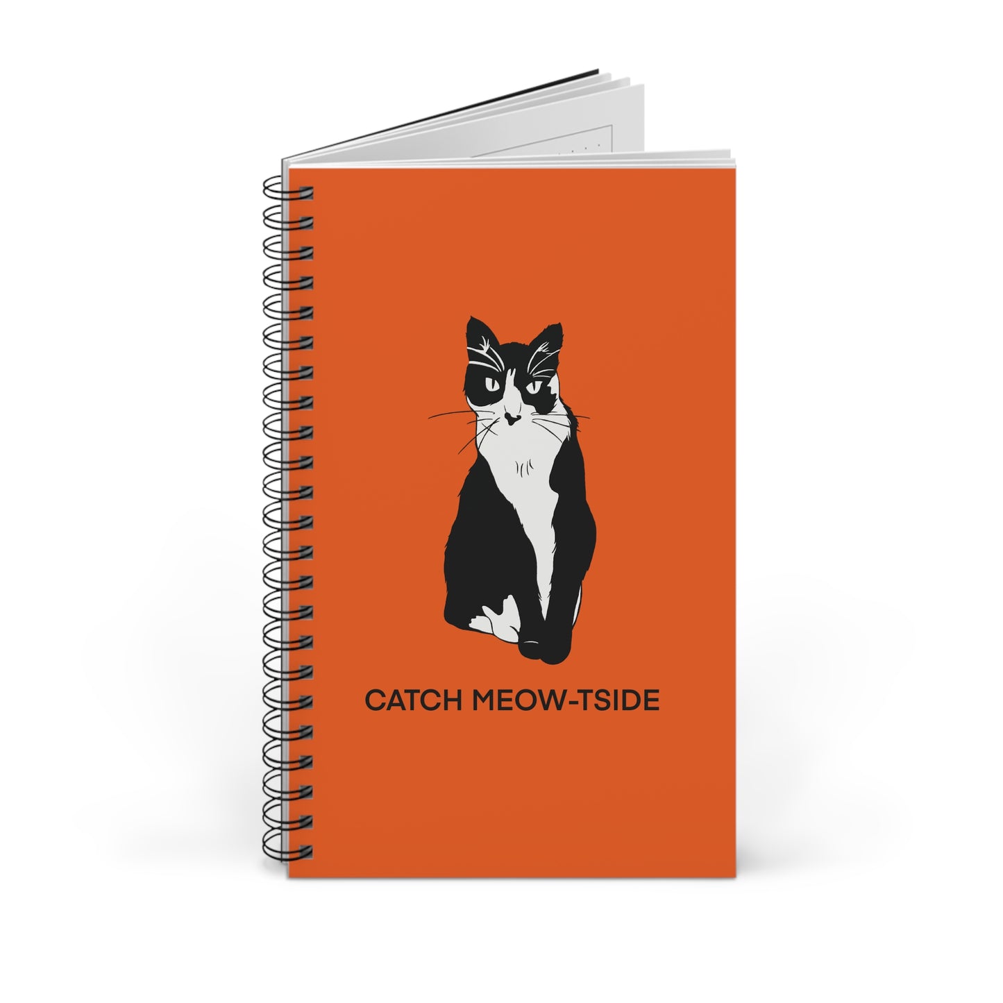 Catch Meow-tside Notebook in Orange (B&W Style Cat) - Cat Spiral Notebook