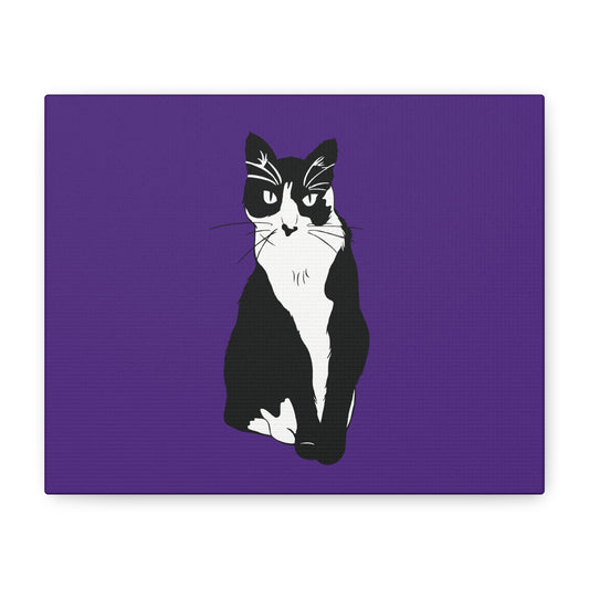 Cat Canvas on Purple (B&W Style Cat) - Cat Drawing Art