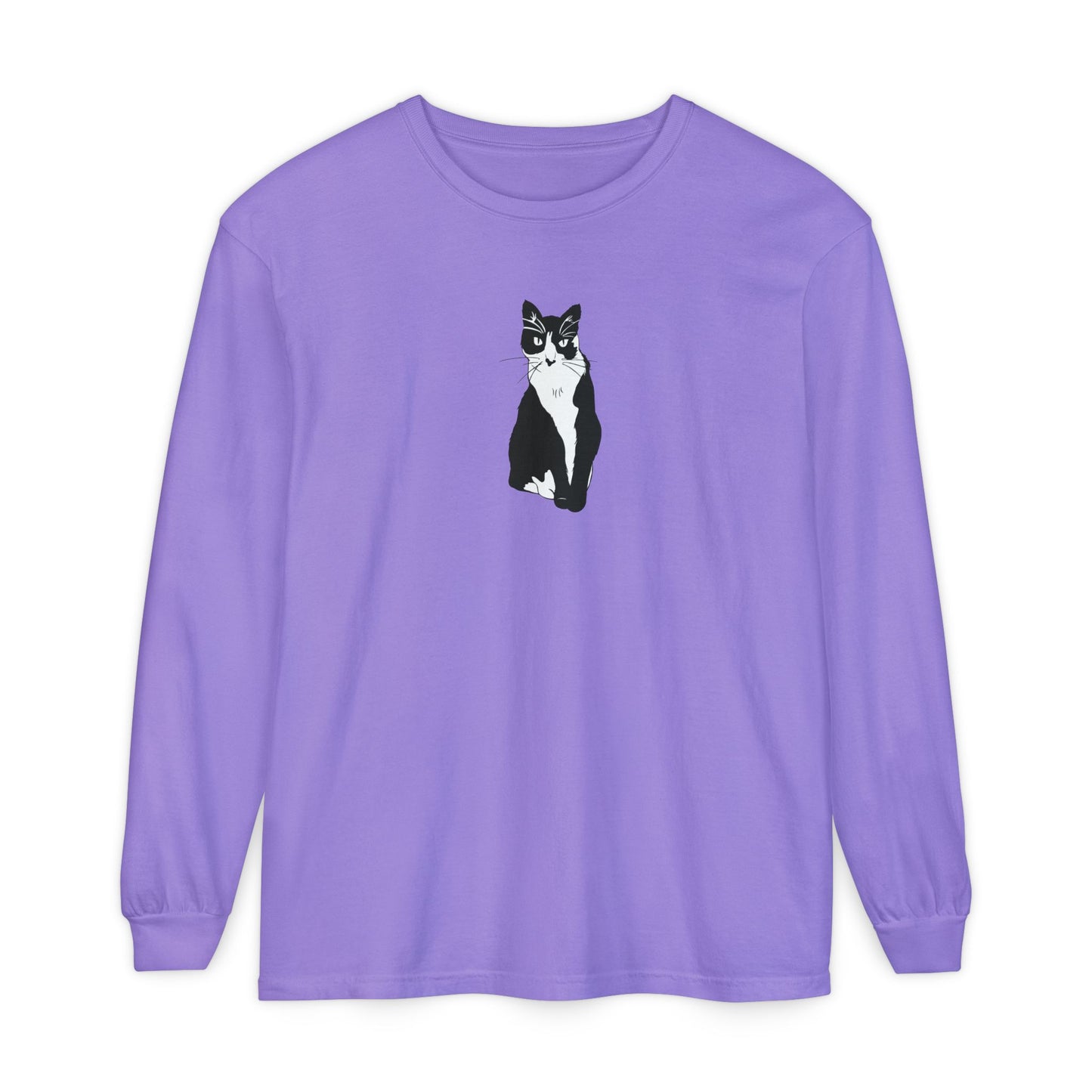 Cat Long Sleeve Tee (B&W Style Cat) - Cat Drawing Shirt
