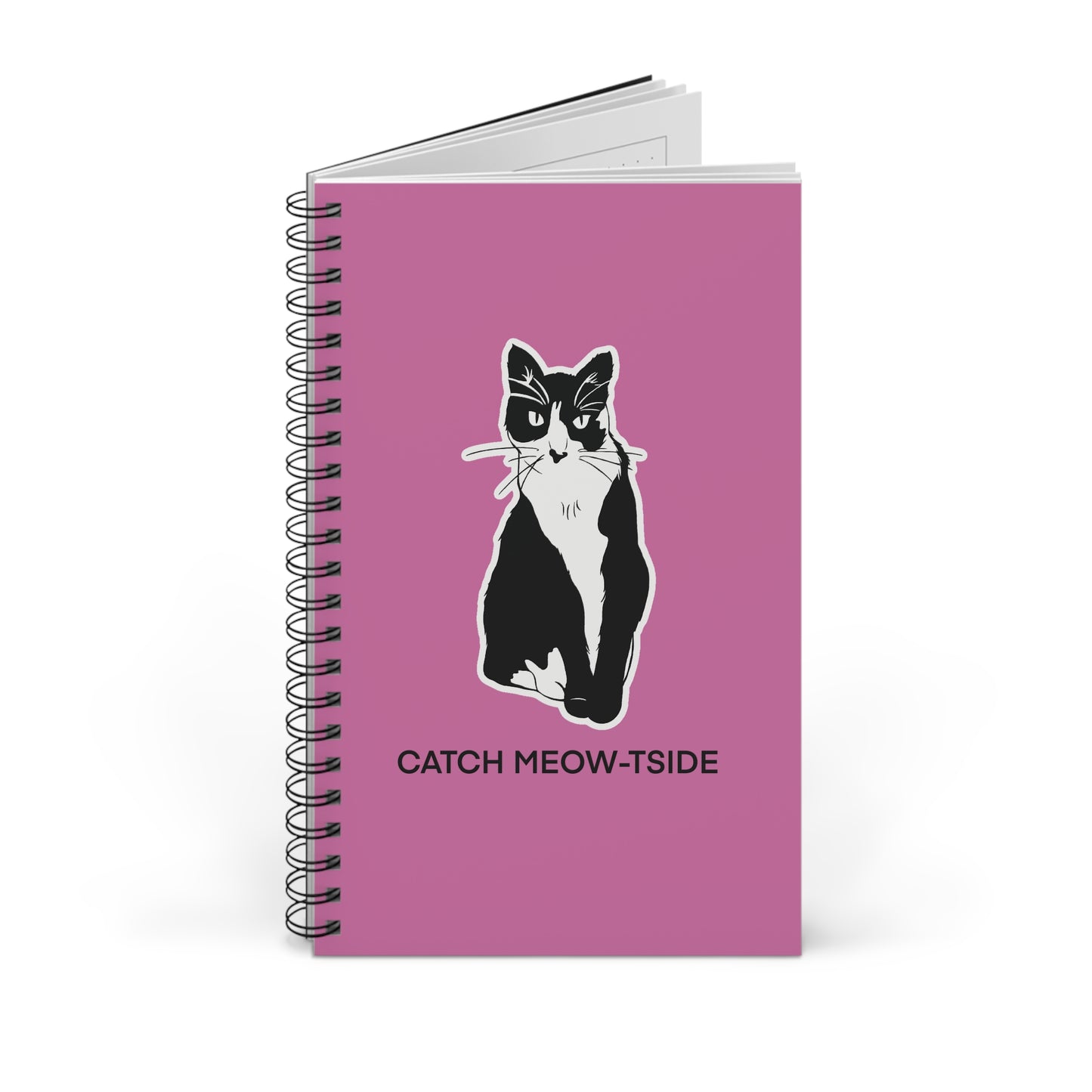 Catch Meow-tside Notebook in Light Pink (Sticker Style Cat with Black Writing) - Cat Spiral Notebook