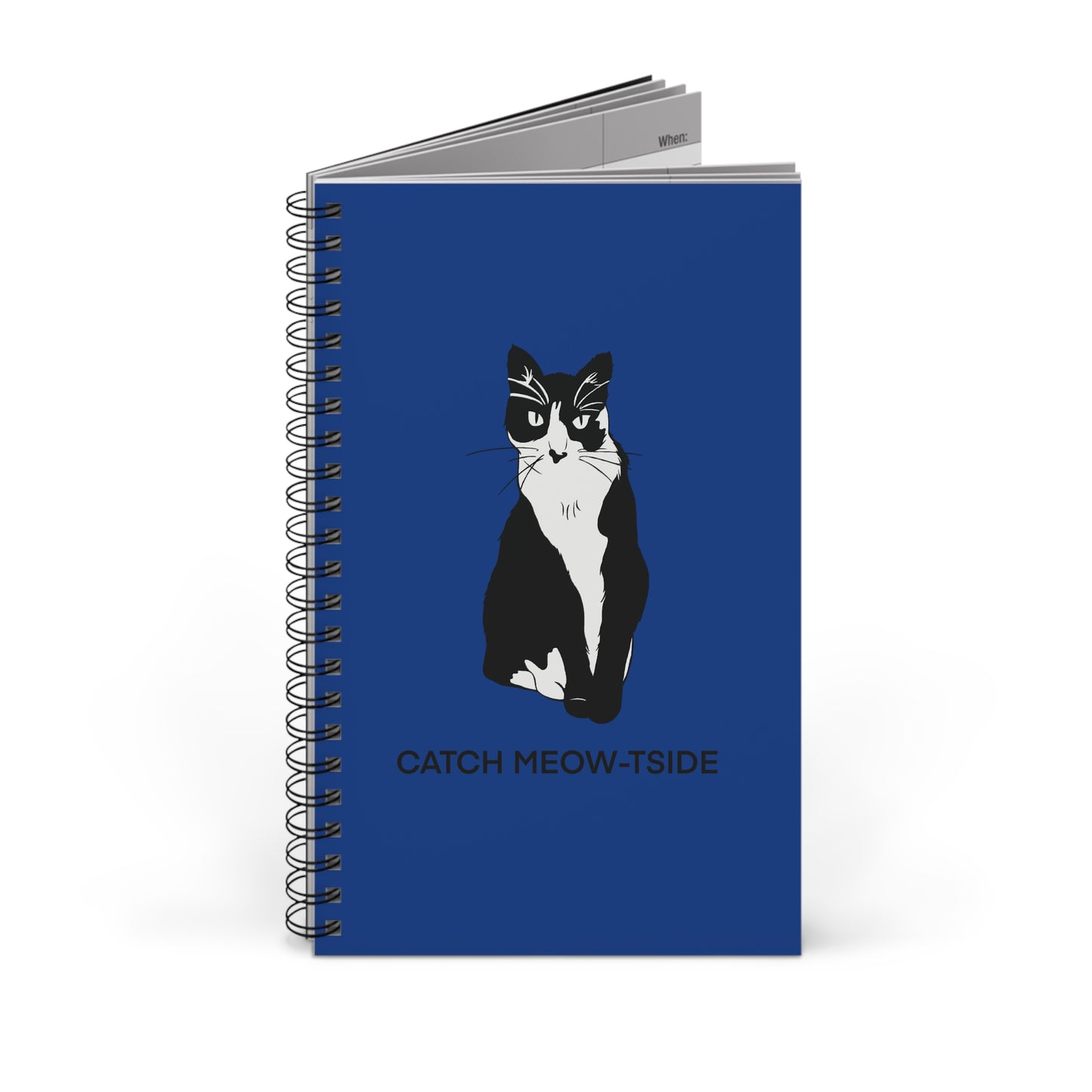 Catch Meow-tside Notebook in Blue (B&W Style Cat) - Cat Spiral Notebook