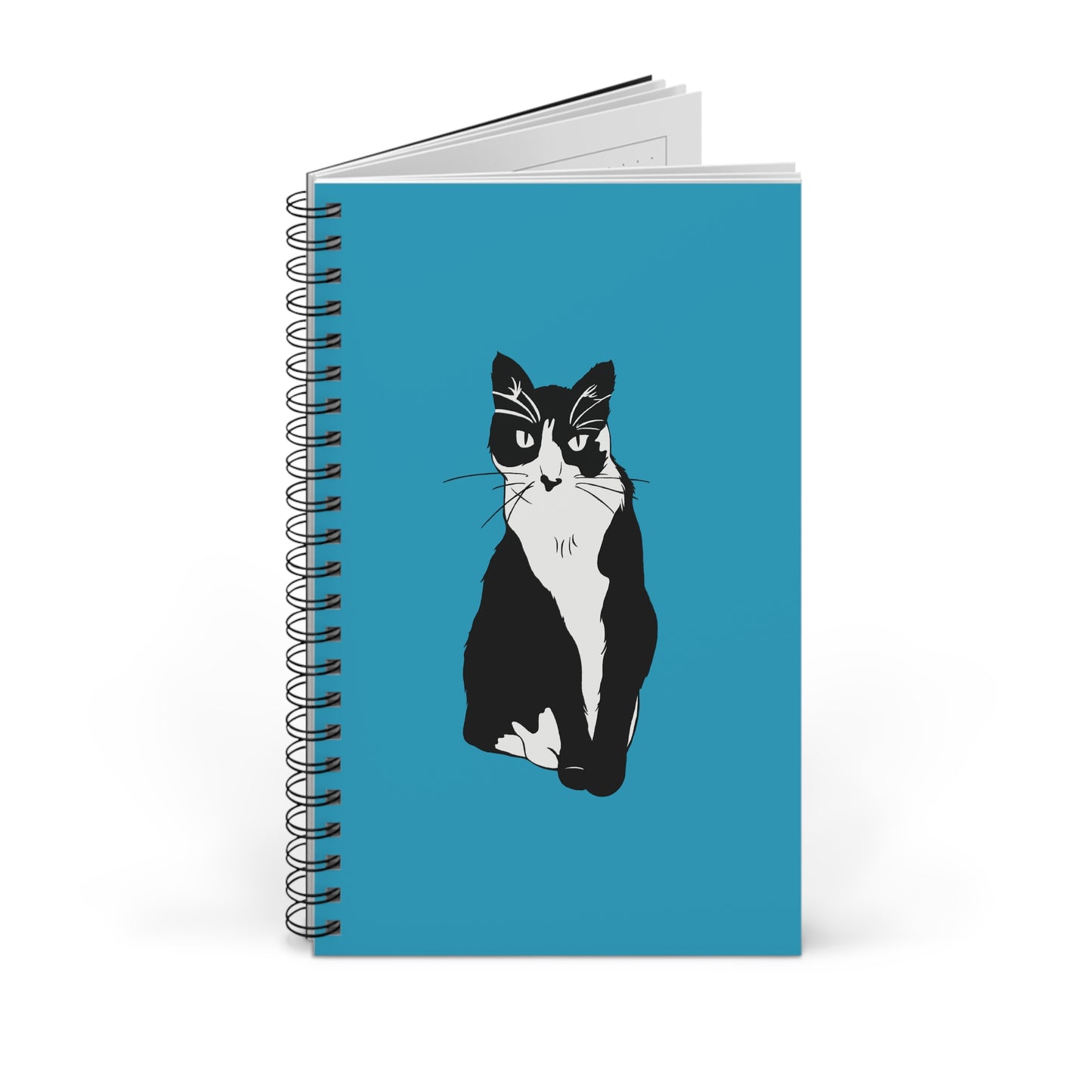 Cat Notebook in Turquoise (B&W Style Cat) - Cat Spiral Notebook