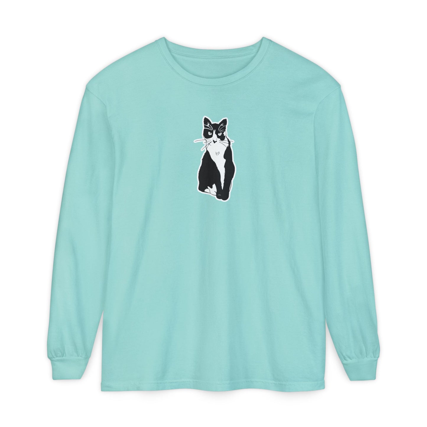 Cat Long Sleeve Tee (Sticker Style Cat) - Cat Drawing Shirt