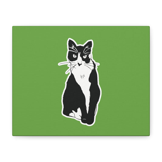 Cat Canvas Print on Green (B&W Style Cat) - Cat Drawing Art