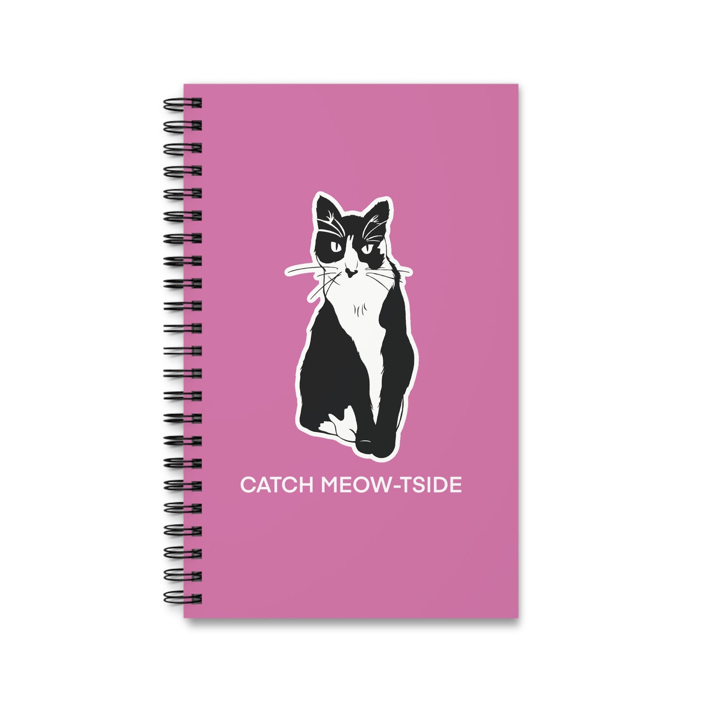 Catch Meow-tside Notebook in Light Pink (Sticker Style Cat with White Writing) - Cat Spiral Notebook