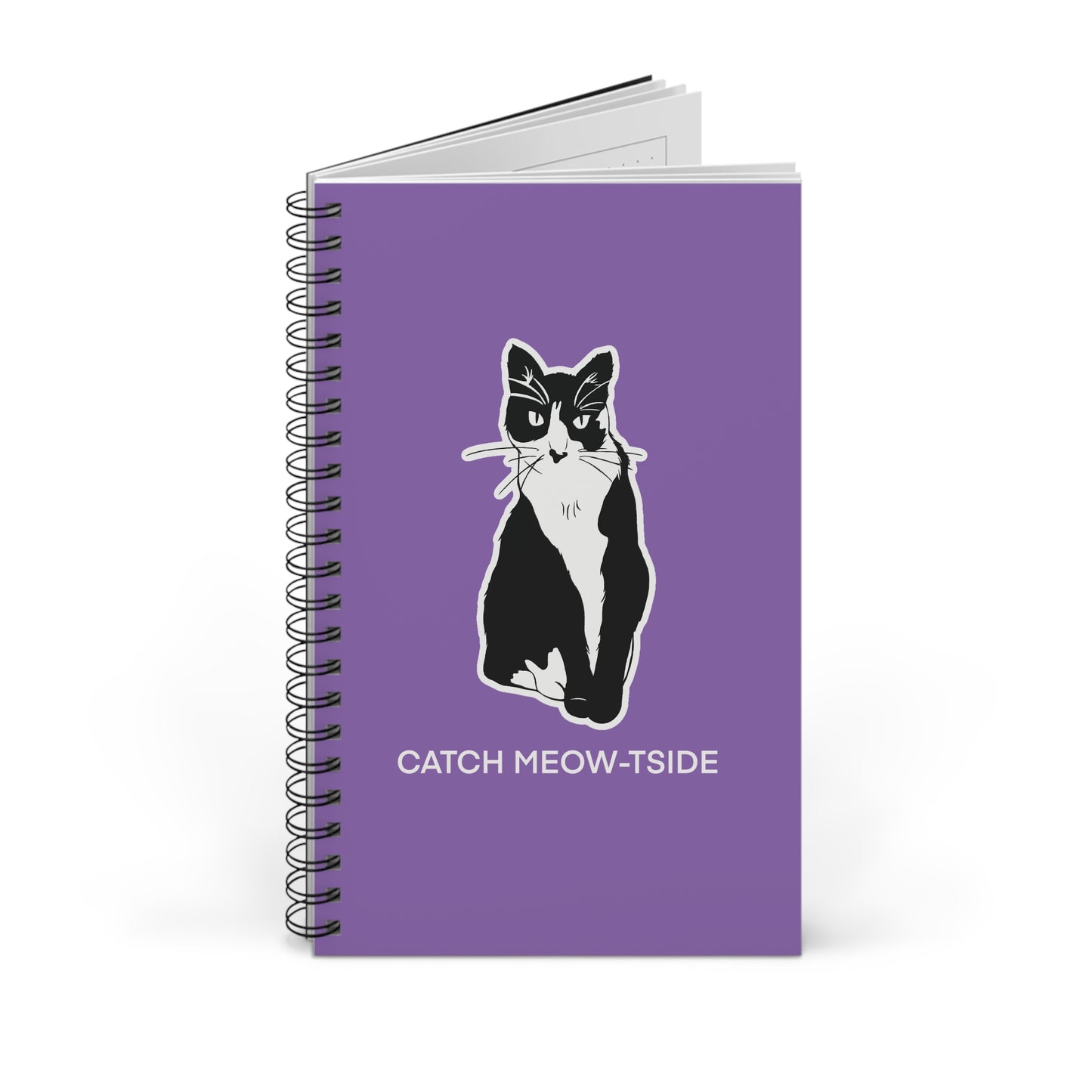 Catch Meow-tside Notebook in Light Purple (Sticker Style Cat with White Writing) - Cat Spiral Notebook