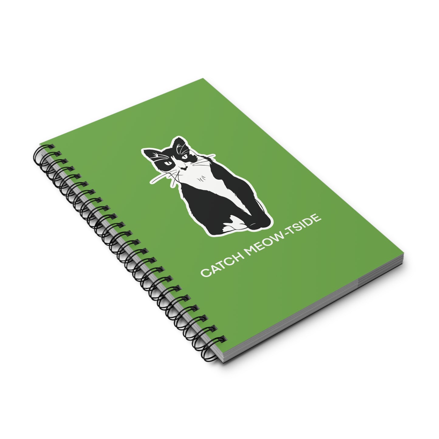 Catch Meow-tside Notebook in Green (Sticker Style Cat with White Writing) - Cat Spiral Notebook