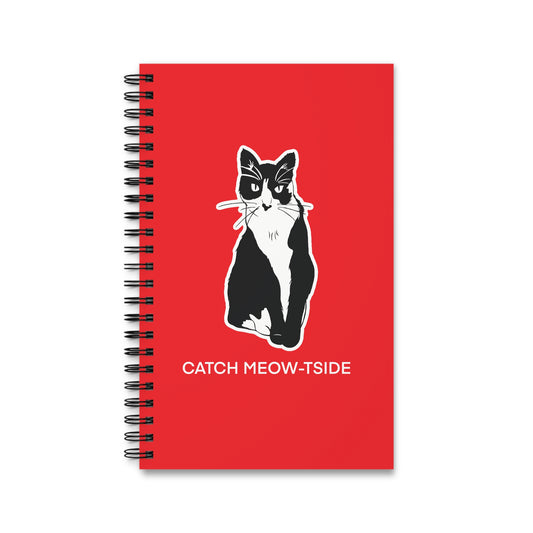 Catch Meow-tside Notebook in Red (Sticker Style Cat with White Writing) - Cat Spiral Notebook