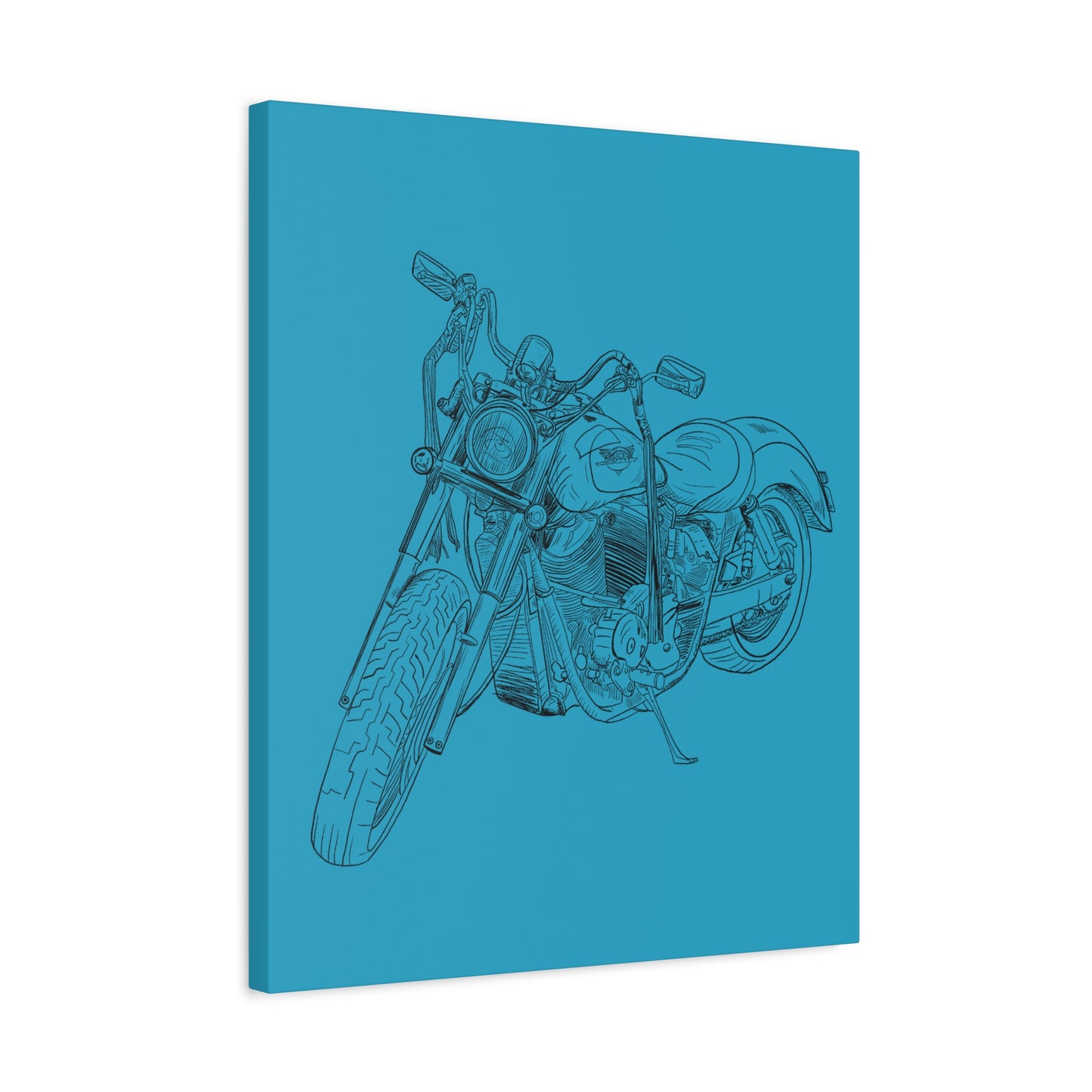Ride Me Harley Motorcycle Sketch Canvas Print - Black Ink on Turquoise Background