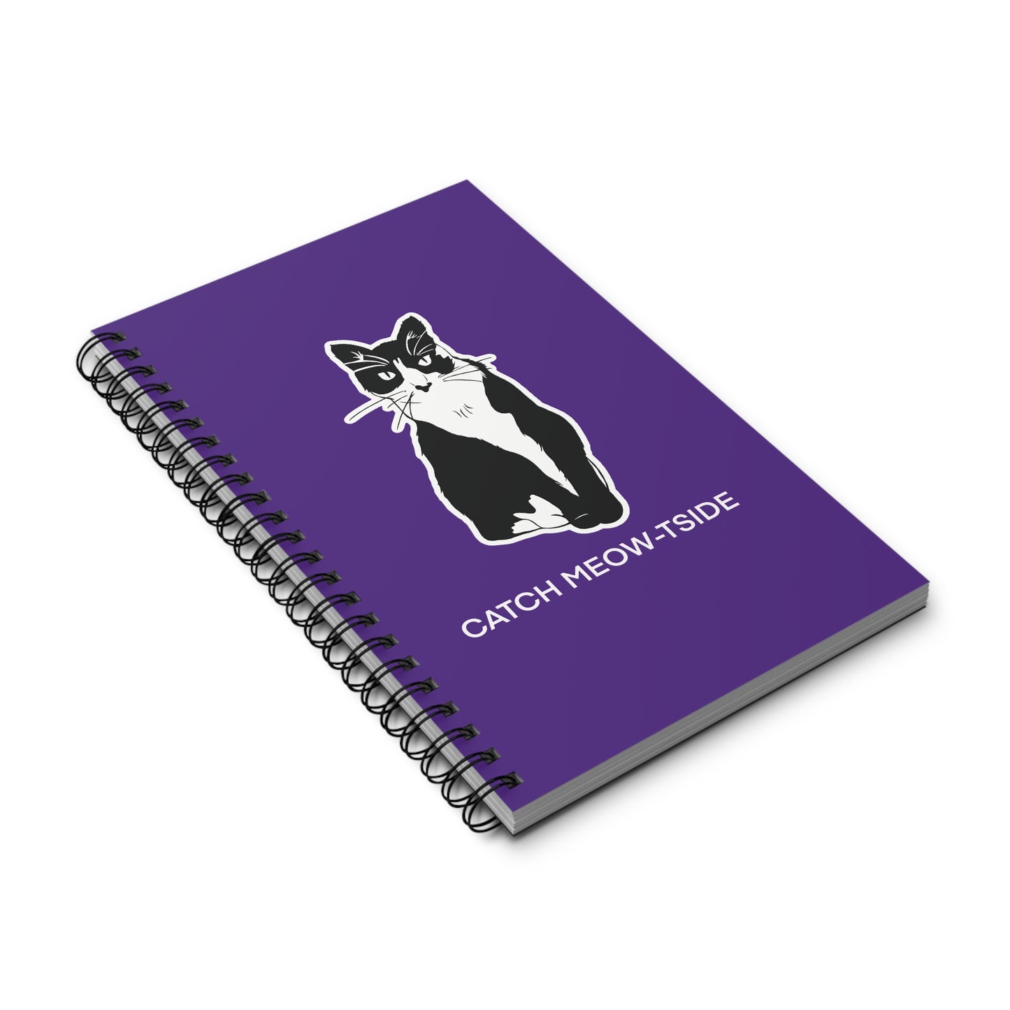 Catch Meow-tside Notebook in Purple (Sticker Style Cat with White Writing) - Cat Spiral Notebook