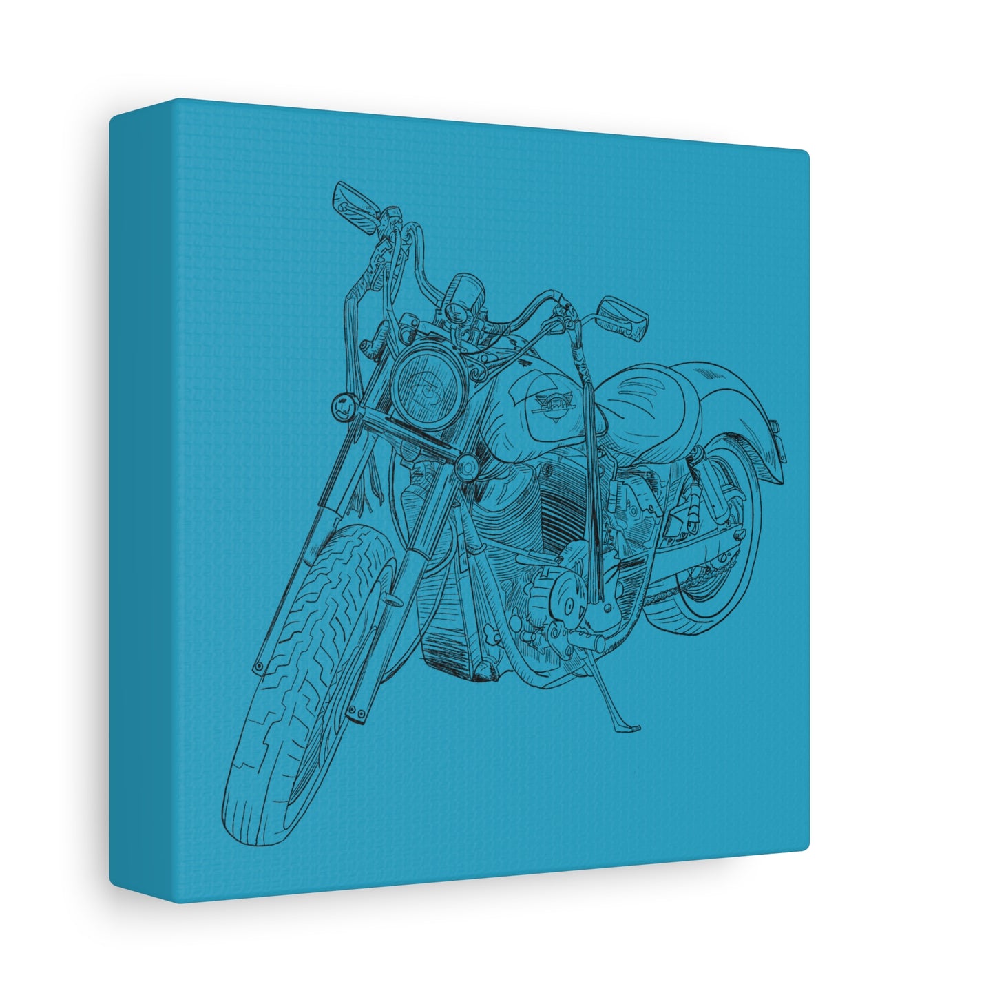 Ride Me Harley Motorcycle Sketch Canvas Print - Black Ink on Turquoise Background