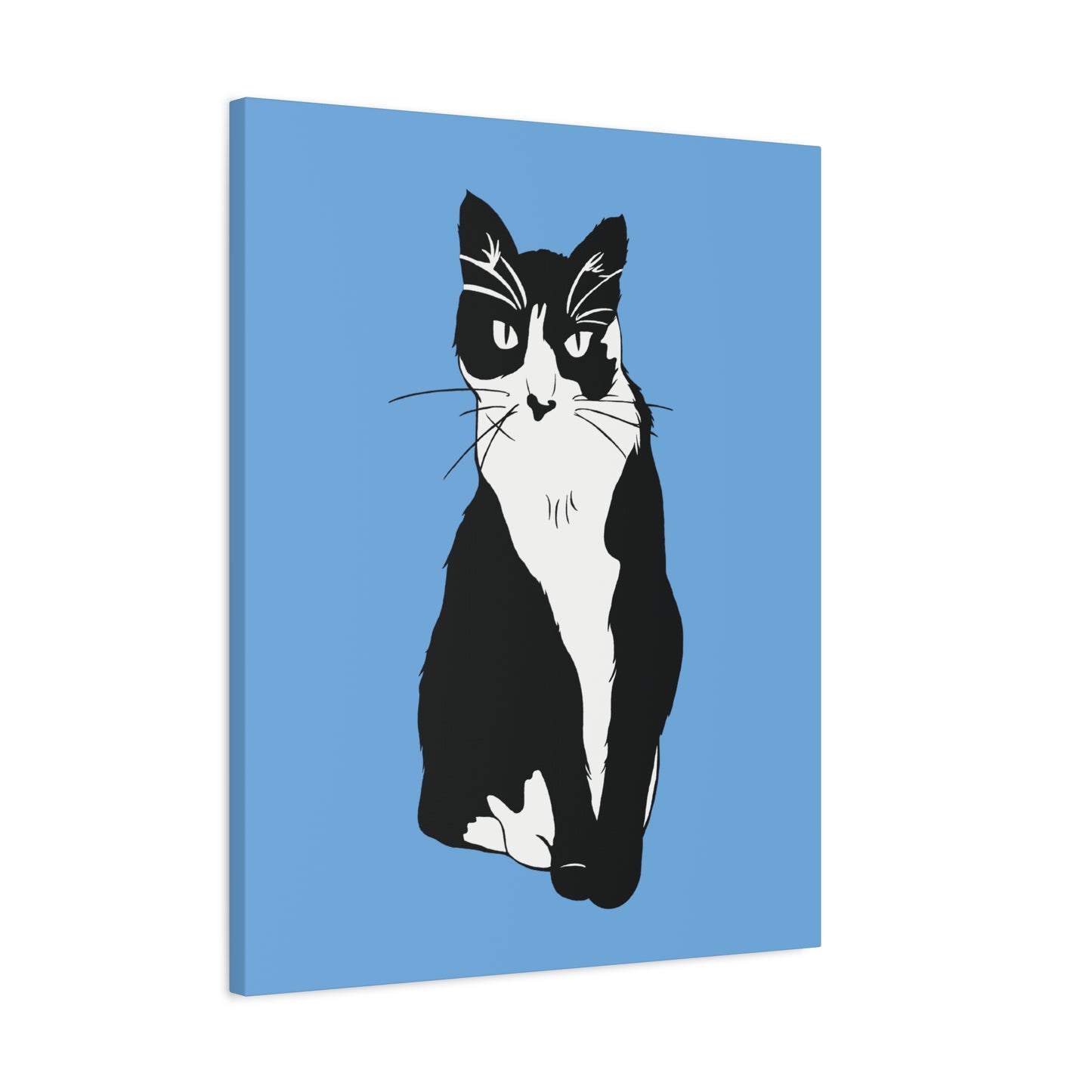 Cat Canvas on Light Blue (B&W Style Cat) - Cat Drawing Art