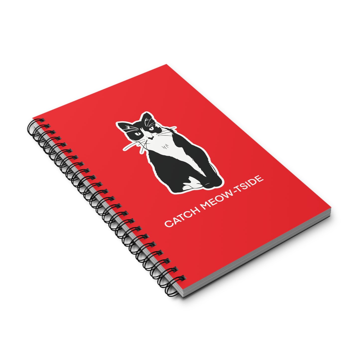 Catch Meow-tside Notebook in Red (Sticker Style Cat with White Writing) - Cat Spiral Notebook