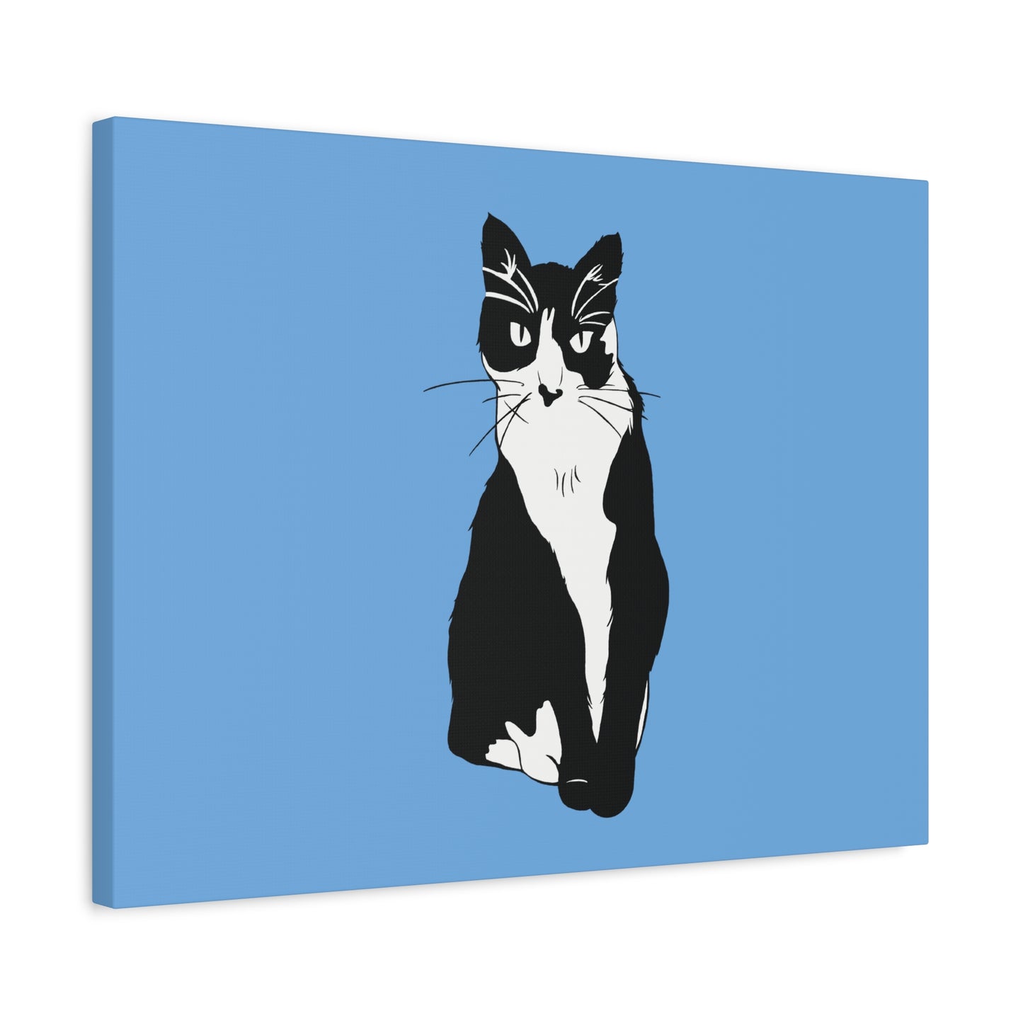 Cat Canvas on Light Blue (B&W Style Cat) - Cat Drawing Art