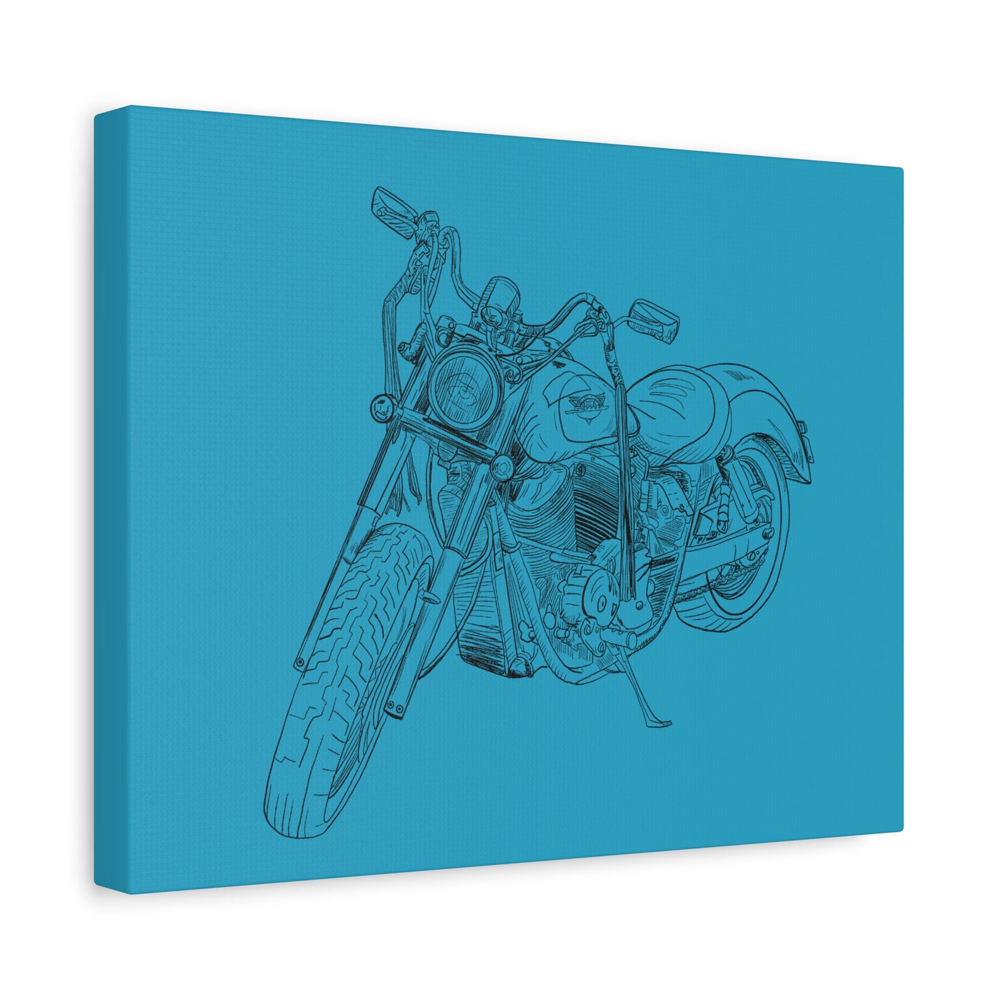 Ride Me Harley Motorcycle Sketch Canvas Print - Black Ink on Turquoise Background