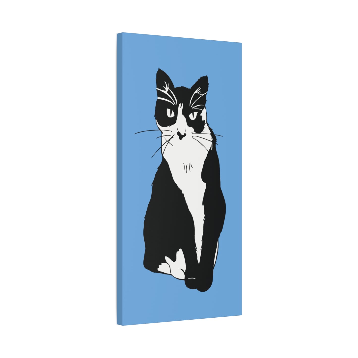 Cat Canvas on Light Blue (B&W Style Cat) - Cat Drawing Art