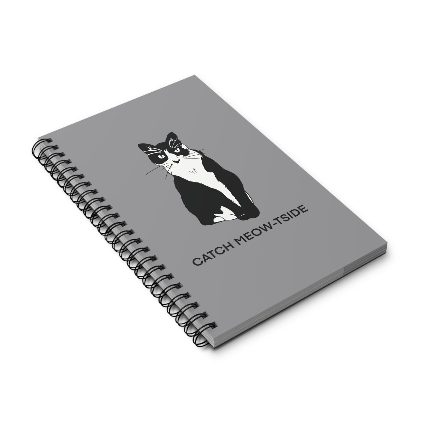 Catch Meow-tside Notebook in Grey (B&W Style Cat) - Cat Spiral Notebook