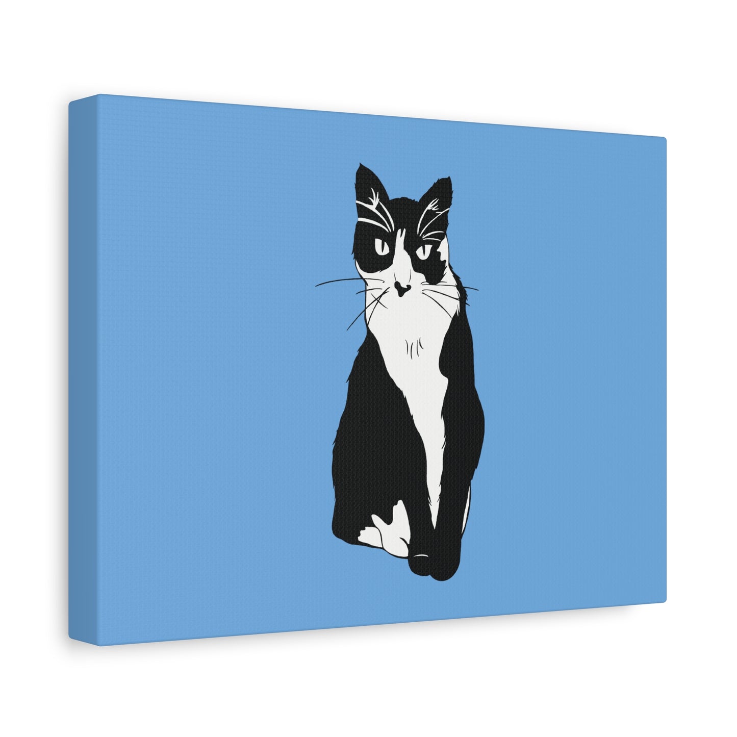 Cat Canvas on Light Blue (B&W Style Cat) - Cat Drawing Art