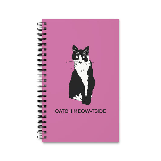 Catch Meow-tside Notebook in Light Pink (B&W Style Cat) - Cat Spiral Notebook
