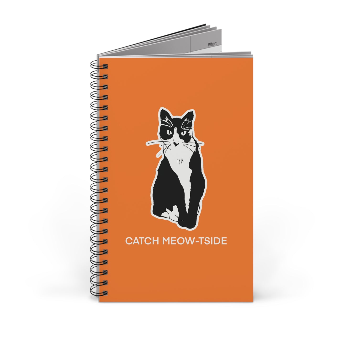 Catch Meow-tside Notebook in Light Orange (Sticker Style Cat with White Writing) - Cat Spiral Notebook