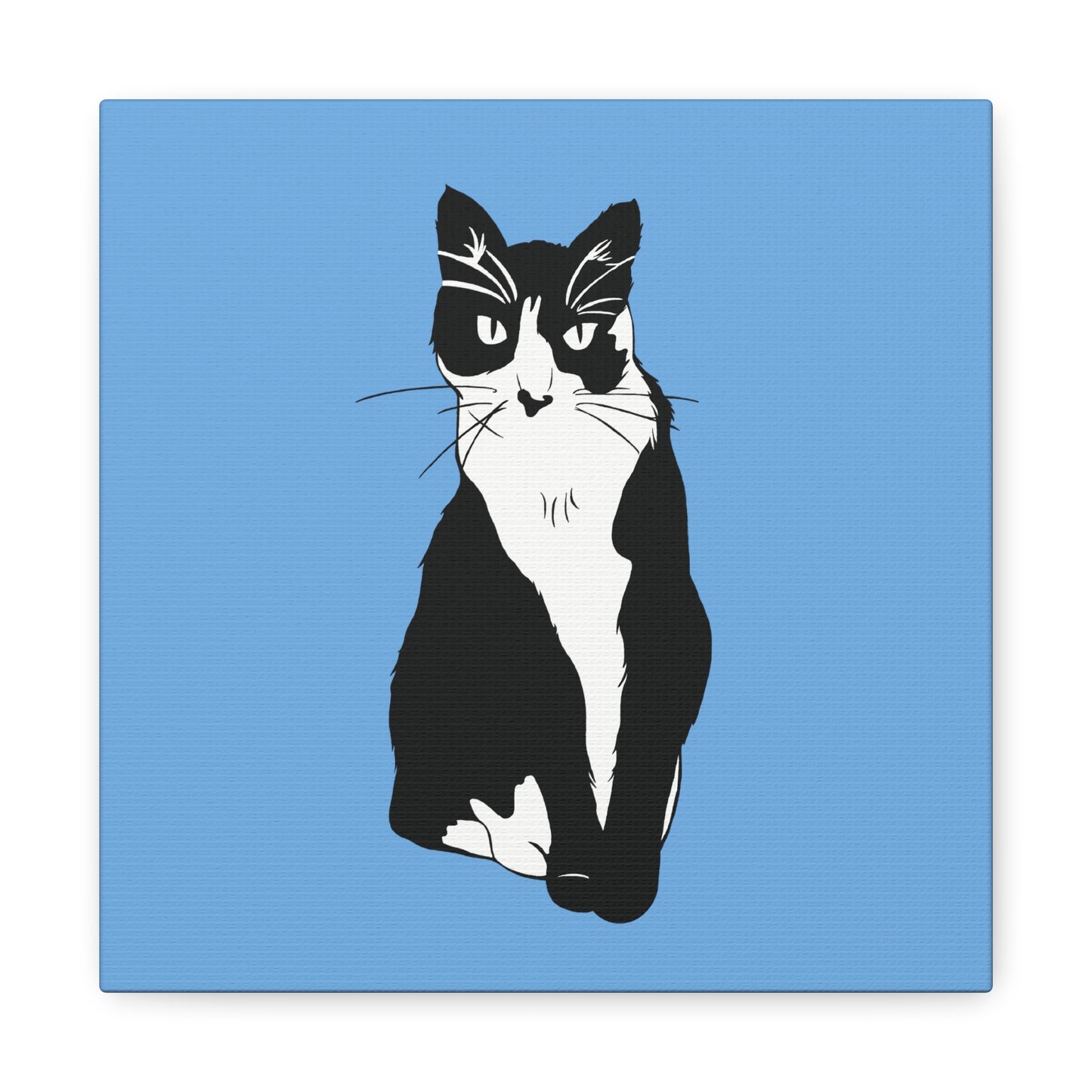 Cat Canvas on Light Blue (B&W Style Cat) - Cat Drawing Art