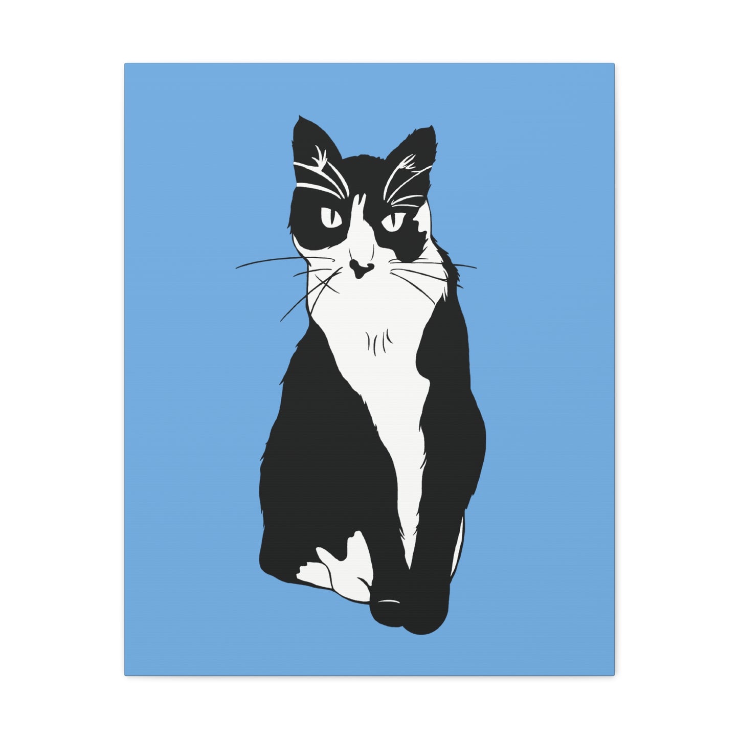 Cat Canvas on Light Blue (B&W Style Cat) - Cat Drawing Art