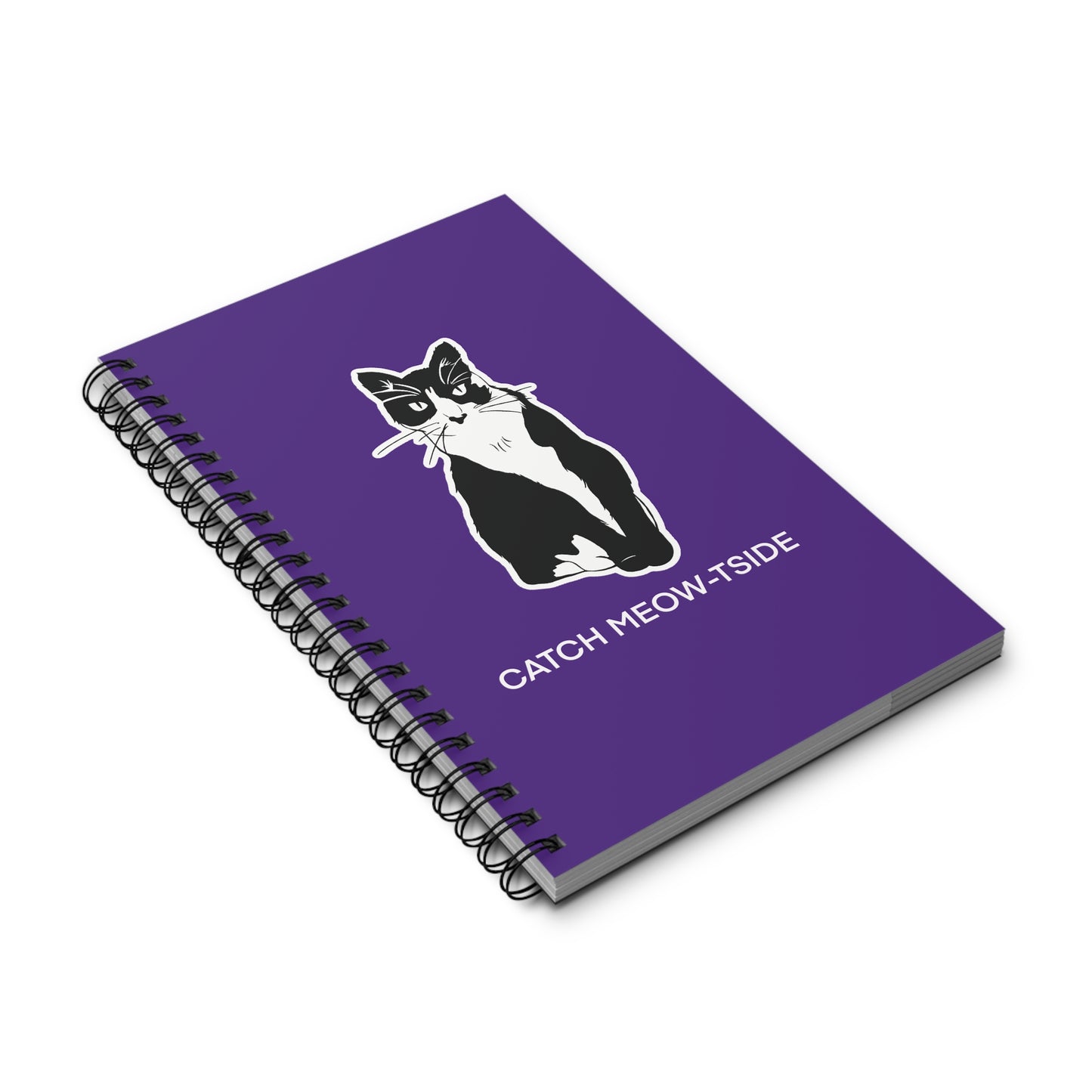 Catch Meow-tside Notebook in Purple (Sticker Style Cat with White Writing) - Cat Spiral Notebook