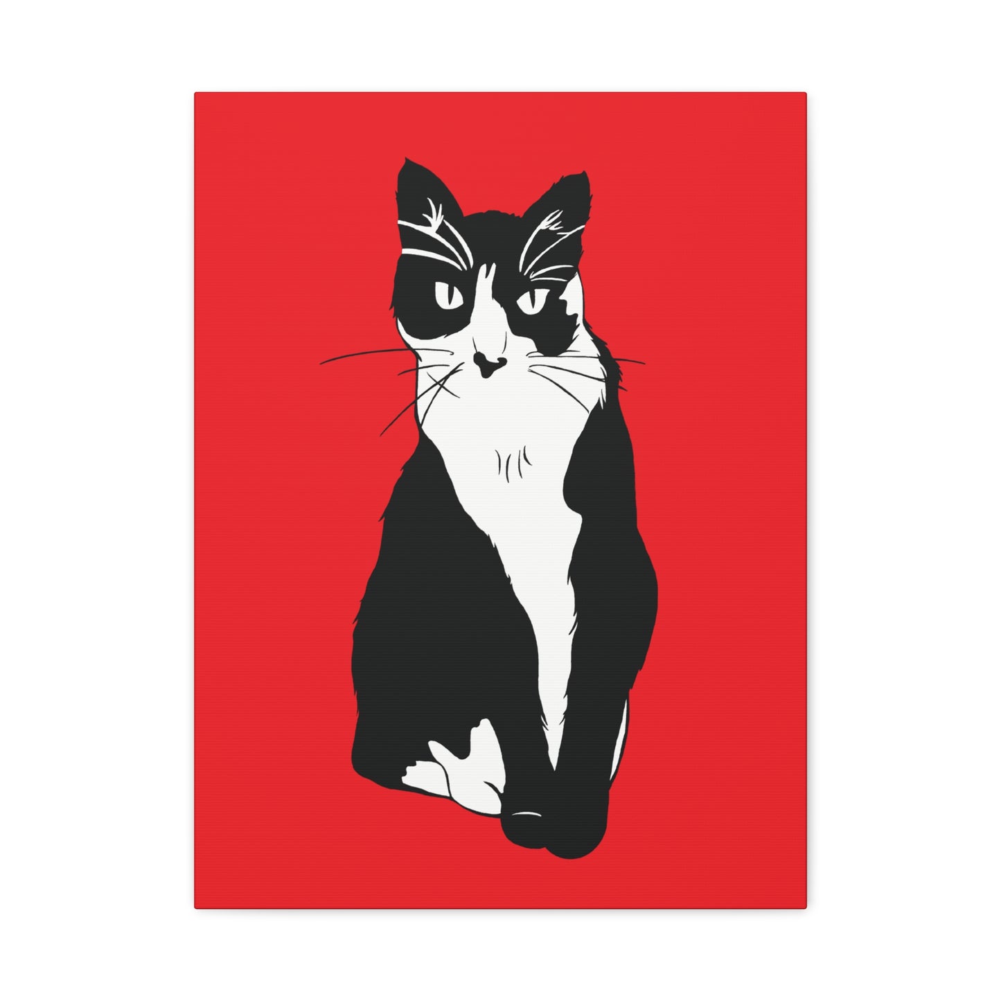Cat Canvas on Red (B&W Style Cat) - Cat Drawing Art