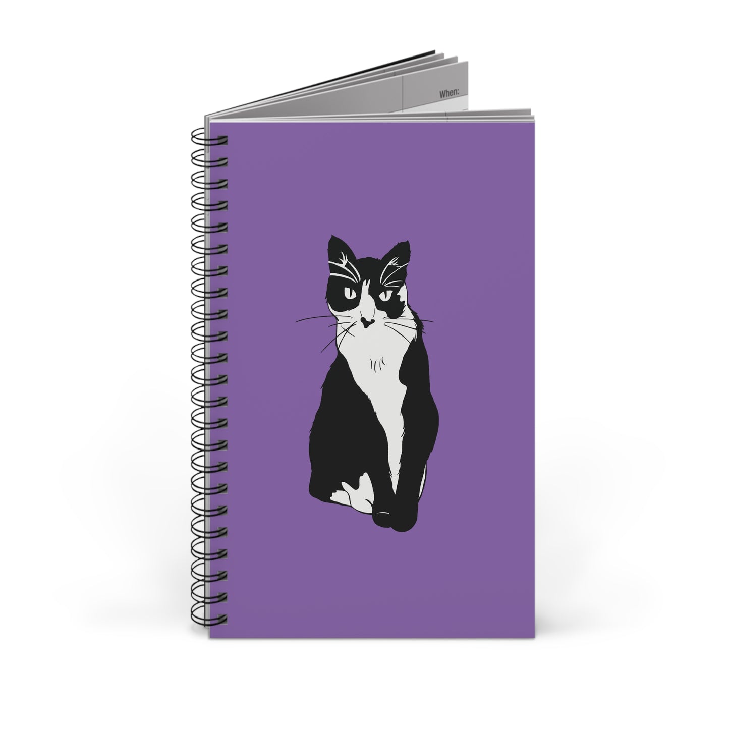 Cat Notebook in Light Purple (B&W Style Cat) - Cat Spiral Notebook