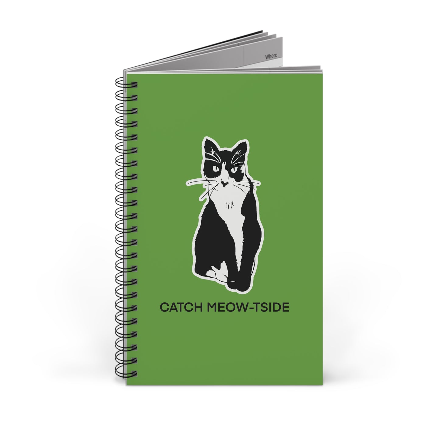 Catch Meow-tside Notebook in Green (Sticker Style Cat with Black Writing) - Cat Spiral Notebook