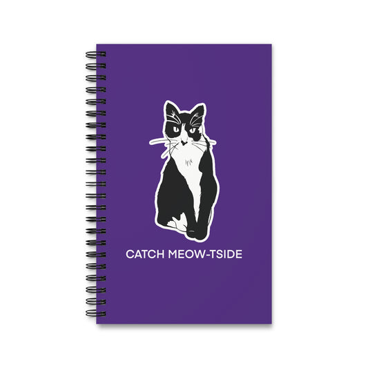 Catch Meow-tside Notebook in Purple (Sticker Style Cat with White Writing) - Cat Spiral Notebook