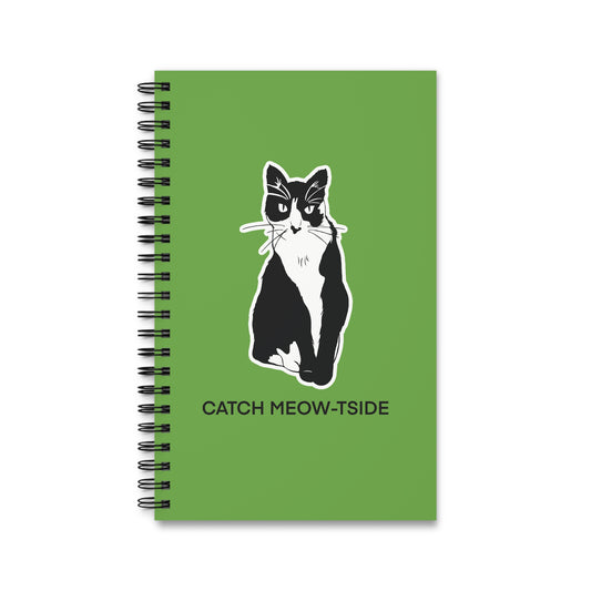 Catch Meow-tside Notebook in Green (Sticker Style Cat with Black Writing) - Cat Spiral Notebook