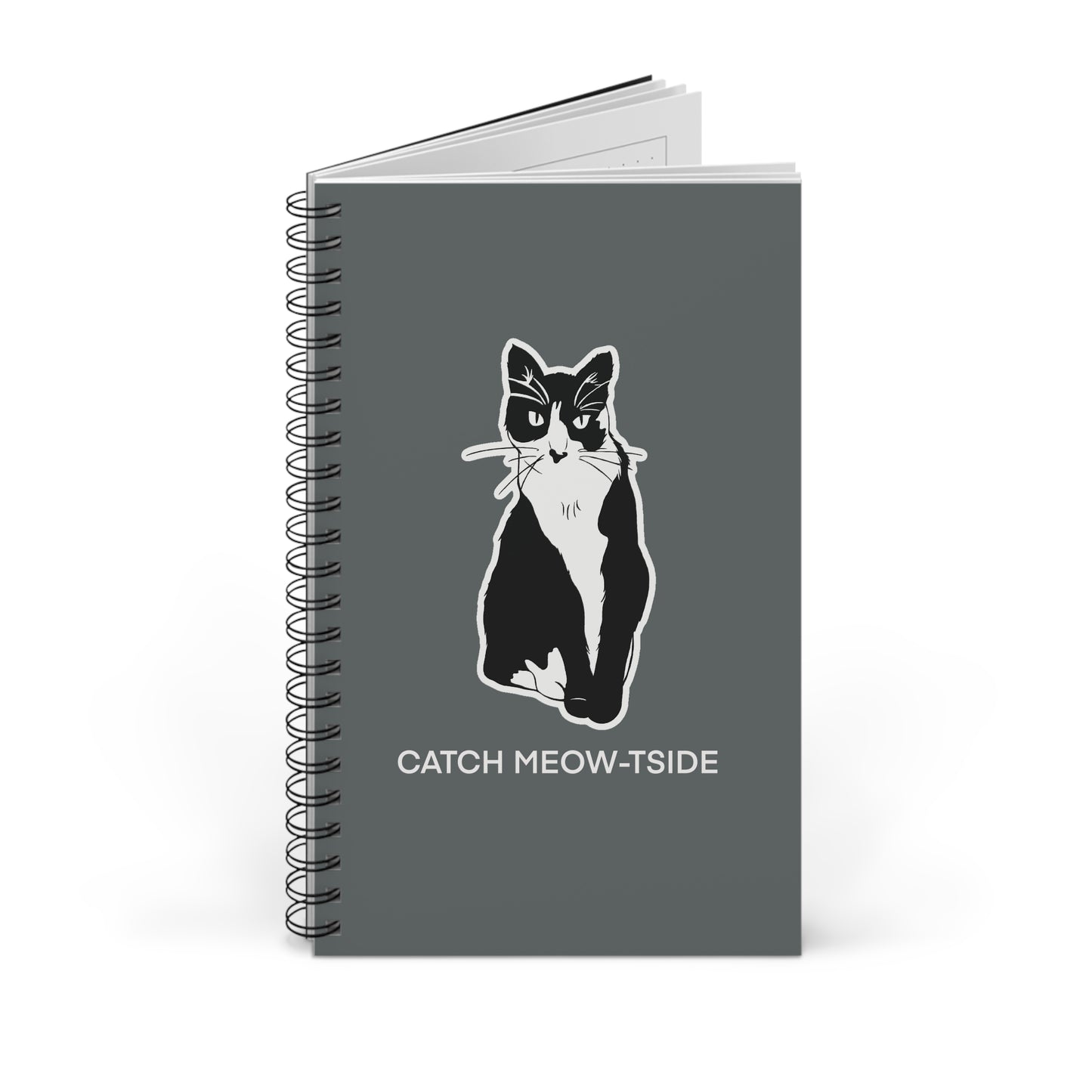 Catch Meow-tside Notebook in Dark Grey (Sticker Style Cat White Writing) - Cat Spiral Notebook
