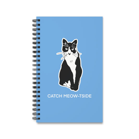 Catch Meow-tside Notebook in Light Blue (Sticker Style Cat with White Writing) - Cat Spiral Notebook